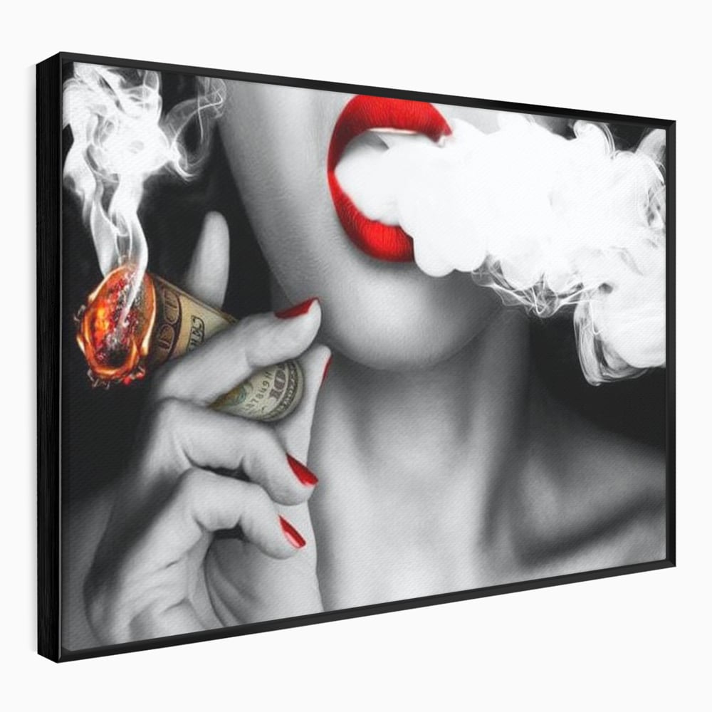 Tablou canvas cu tablou canvas cu buze rosii si tigara de bani, in rama de aluminiu negru